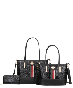 3-in-1 Crocodile Tote Bags with Wallet Set CYS-8557S  BLACK